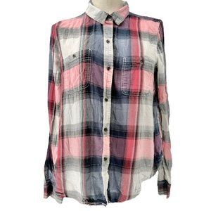 Mudd Shirt Womens Large Blue Pink Plaid Button Front Chest Pockets Long Sleeve